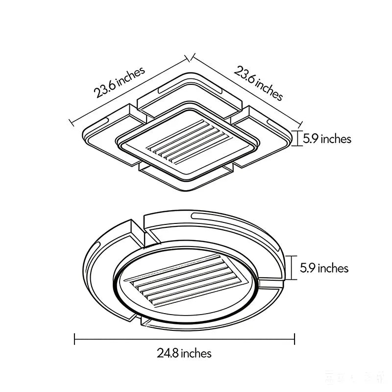 Bladeless ceiling fan with lighting dimensions drawing showing square and round design options with measurements.