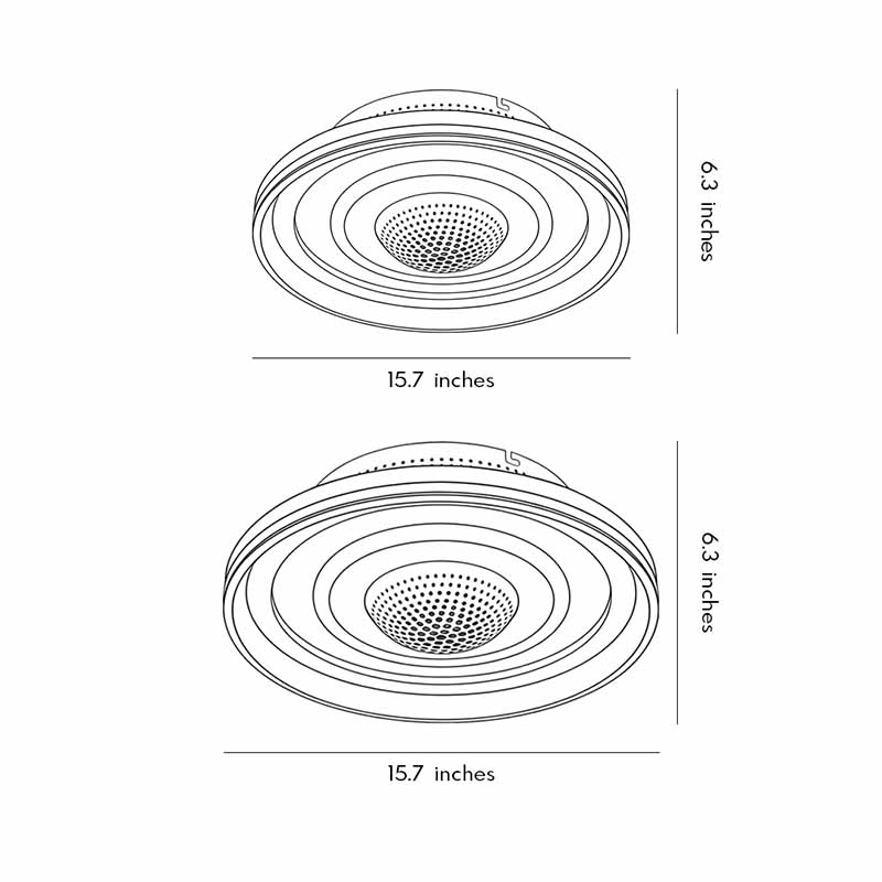 Technical diagram showing dimensions and structure of bladeless ceiling fan with lighting models.