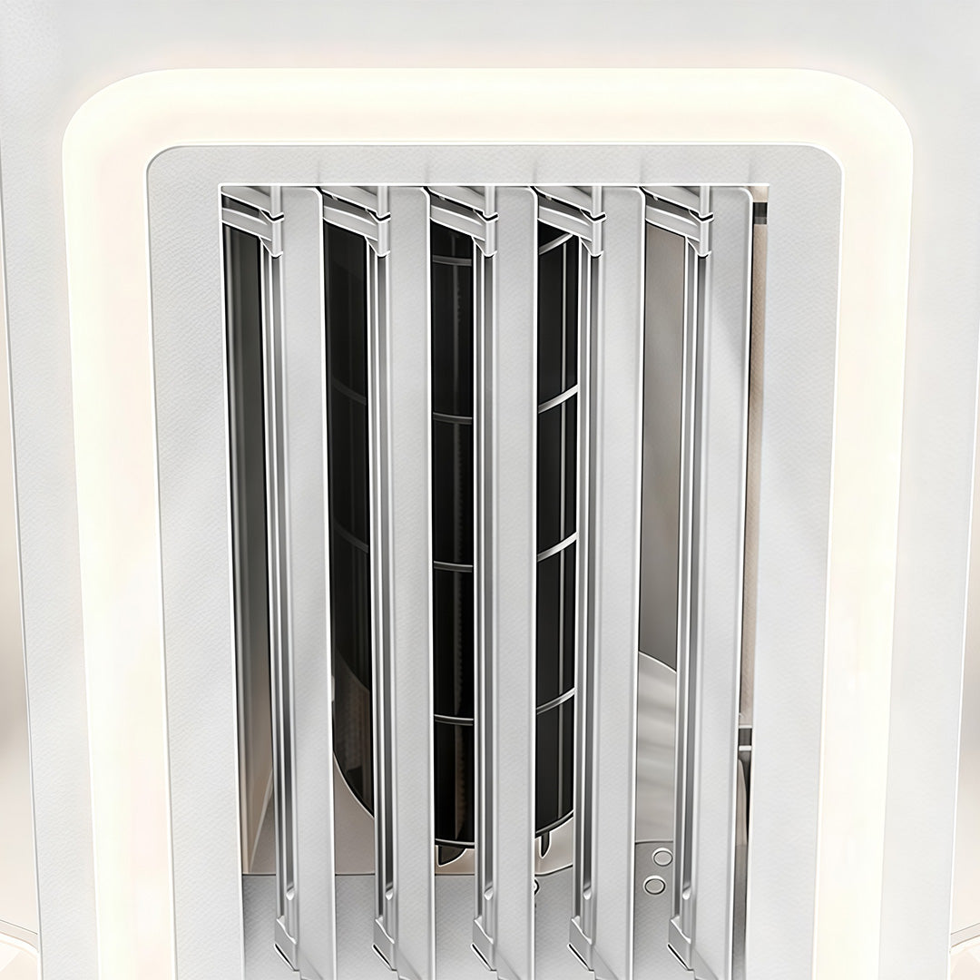 Elegant bladeless fan lamp casting a warm glow on a modern living room with a clean, sleek look.