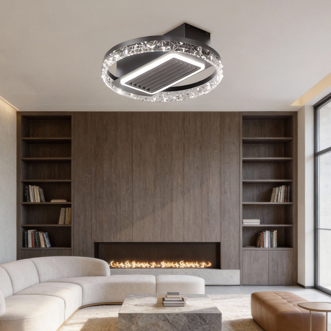 Sleek, contemporary bladeless fan lamp installed in a modern living room setting, providing both lighting and airflow.