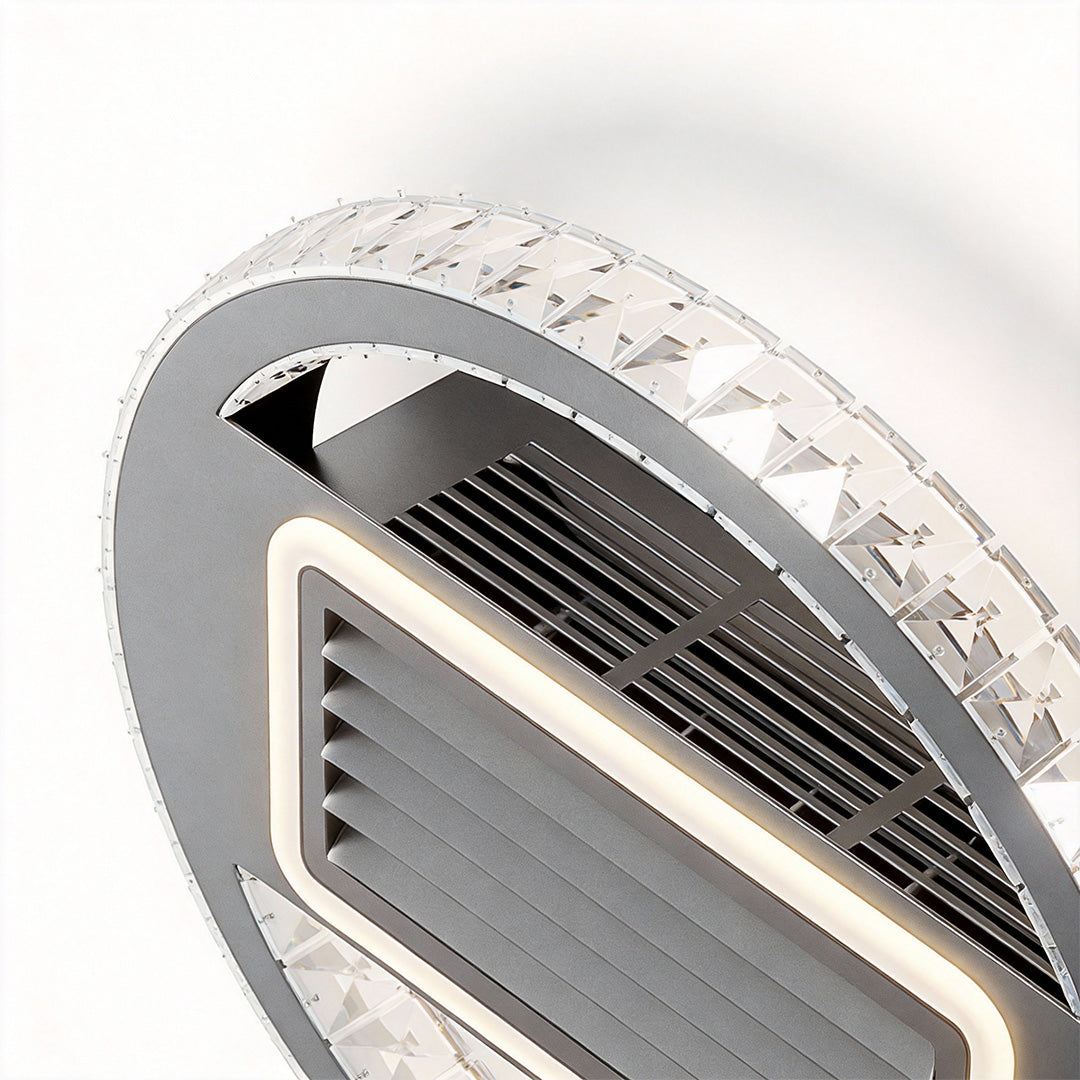 Minimalist bladeless fan lamp mounted on the ceiling, combining light and airflow in one modern design.