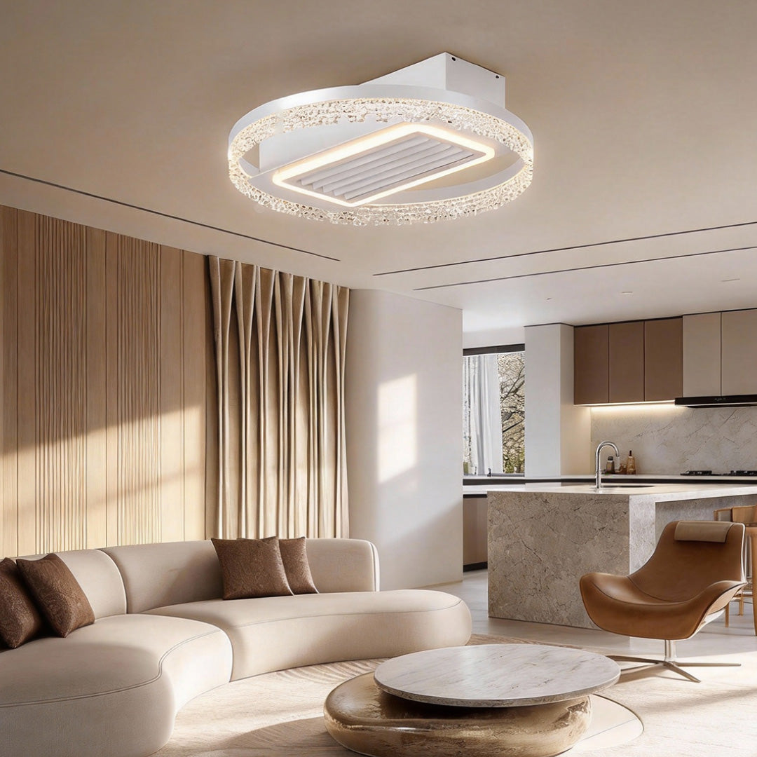 A stylish bladeless fan lamp in a cozy bedroom, blending perfectly with the room's modern decor.