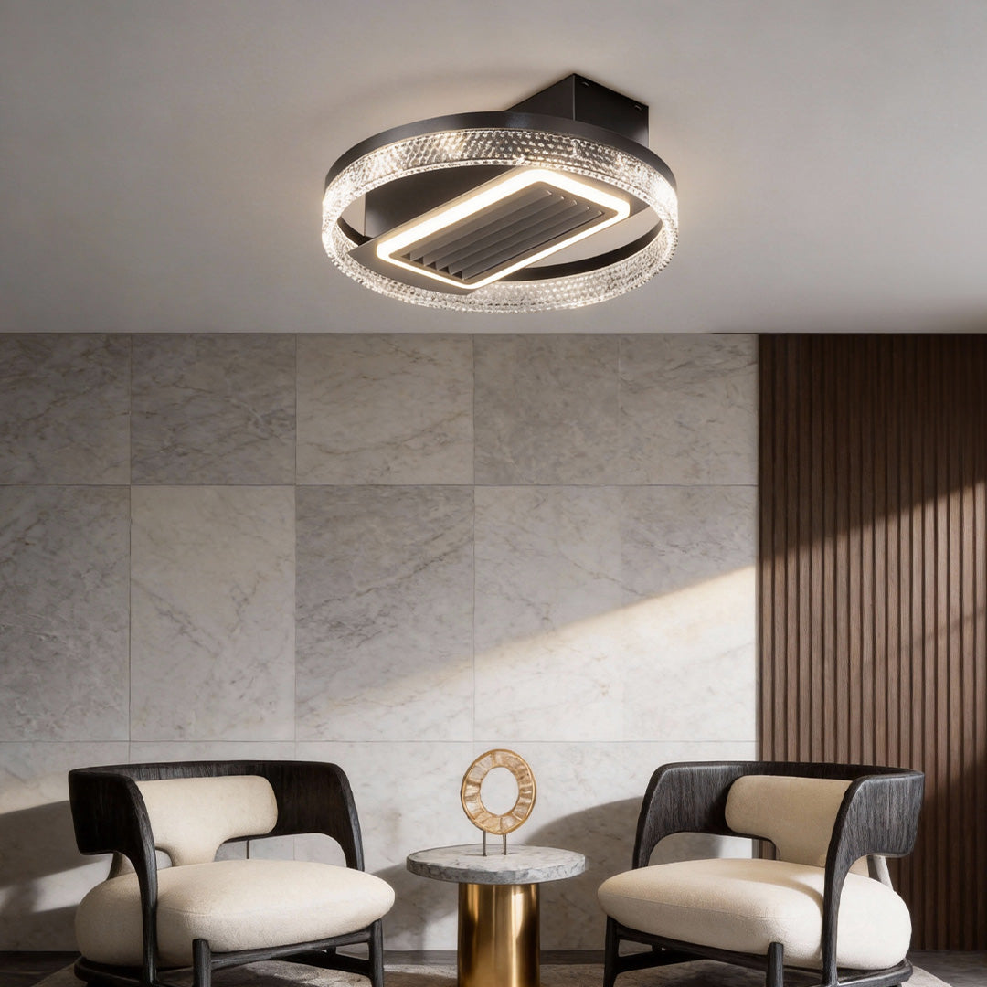 Top view of a bladeless fan lamp, showcasing the unique design and lighting functionality.