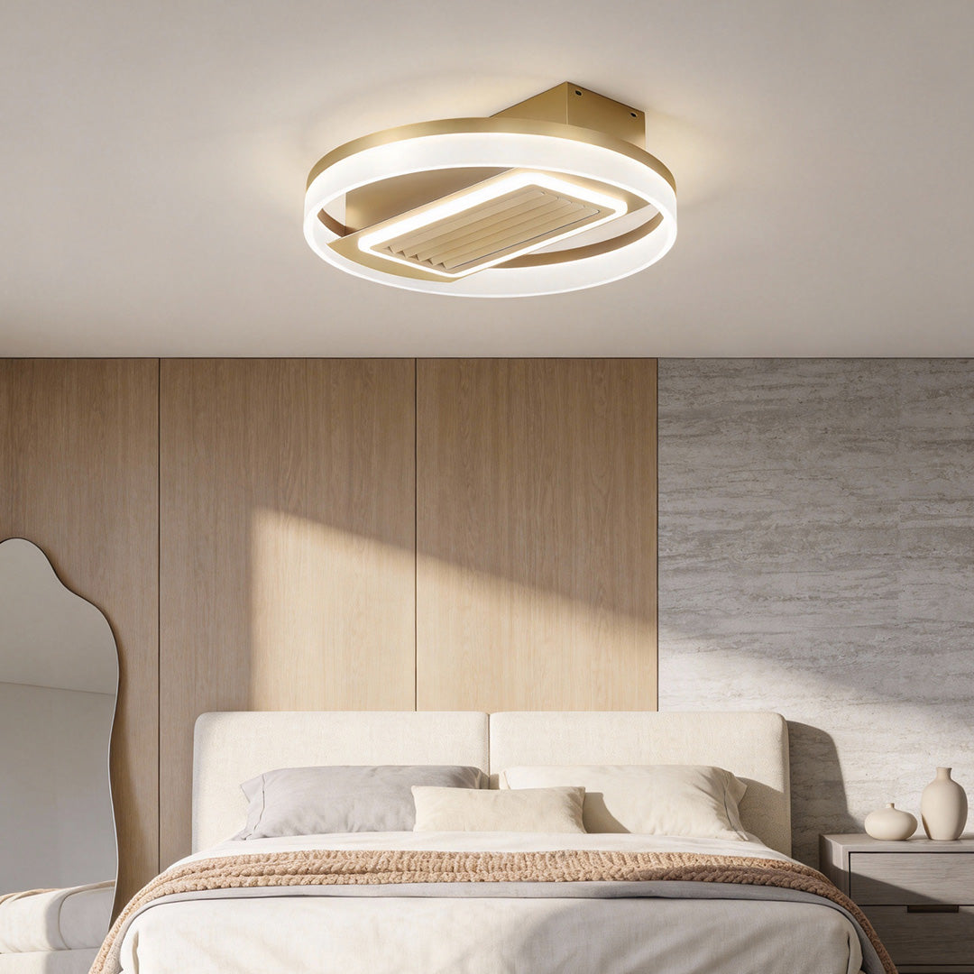 Close-up of a bladeless fan lamp's soft, even lighting and smooth design, ideal for a peaceful ambiance.