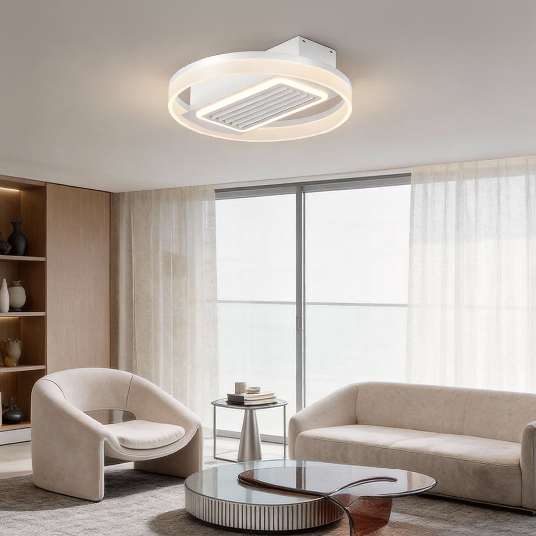 Bladeless fan lamp with soft ambient lighting, ideal for creating a calming atmosphere in the home.