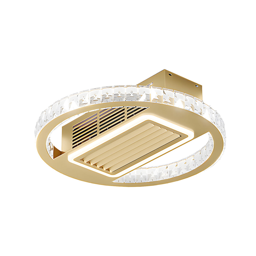 Ceiling-mounted bladeless fan lamp in a cozy living room, providing both ambient light and cool airflow.