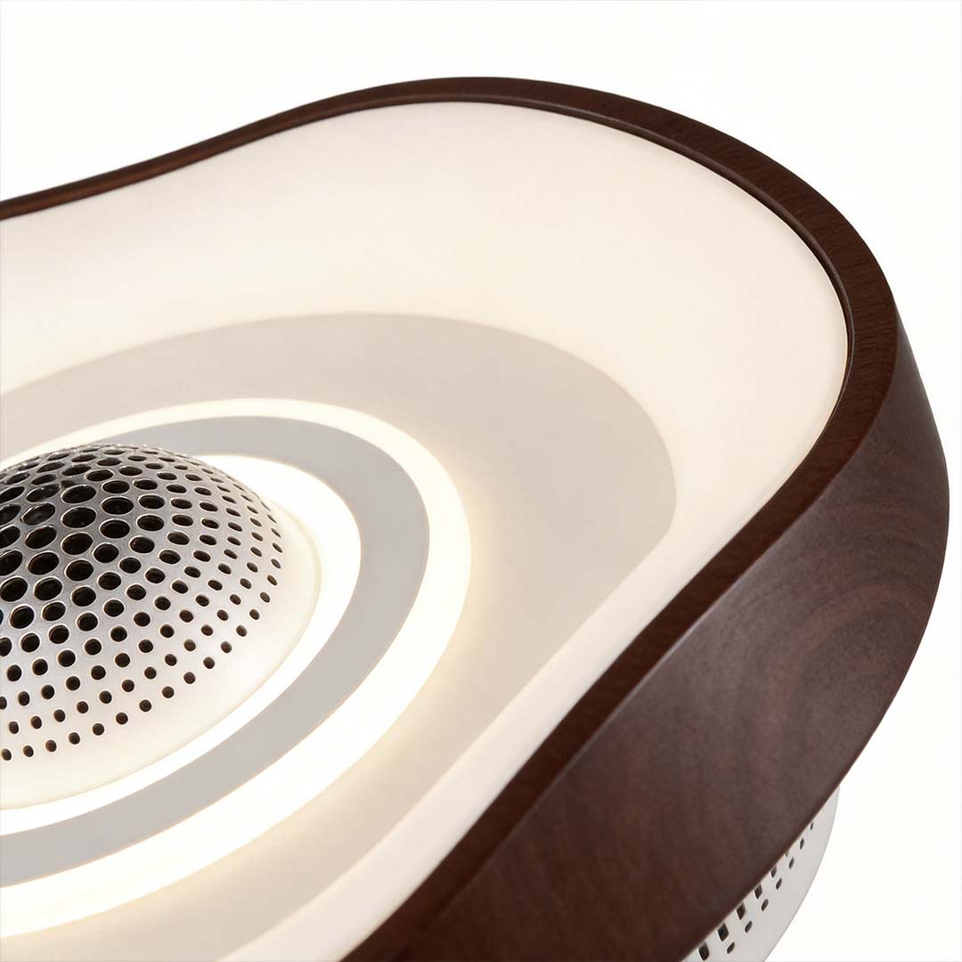 Bladeless fan with light with a close-up of its wooden and white structure.