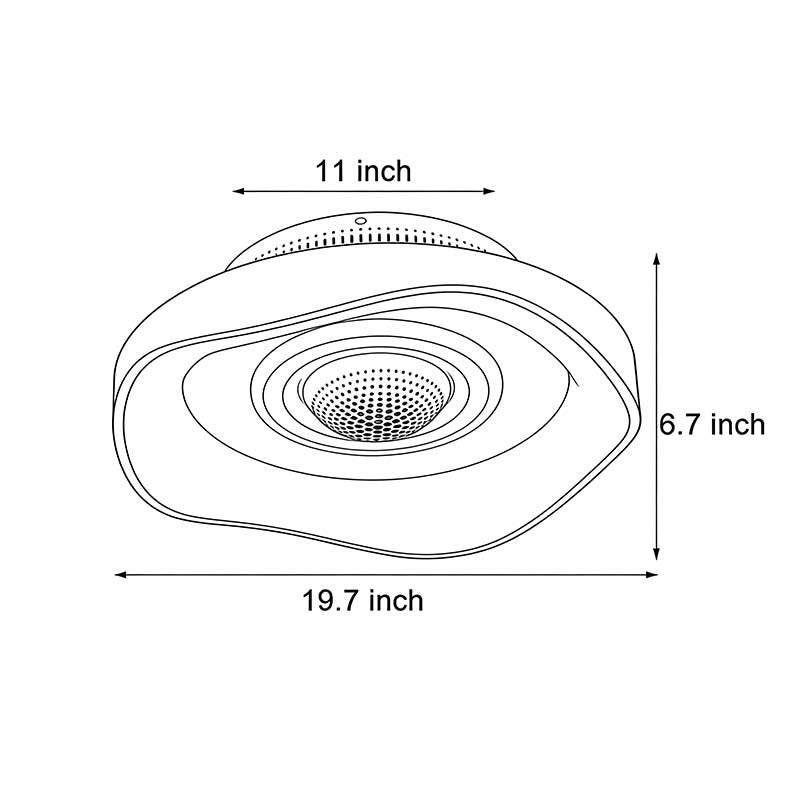 Technical diagram showing dimensions and structure of bladeless fan with light models.