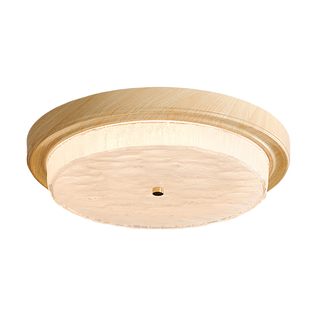 Light wood flush mount ceiling light with blonde finish and integrated LED illumination