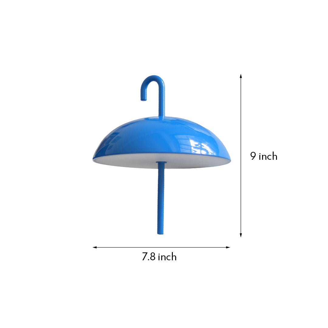 Compact blue dome USB rechargeable table lamp with curved handle design on white background