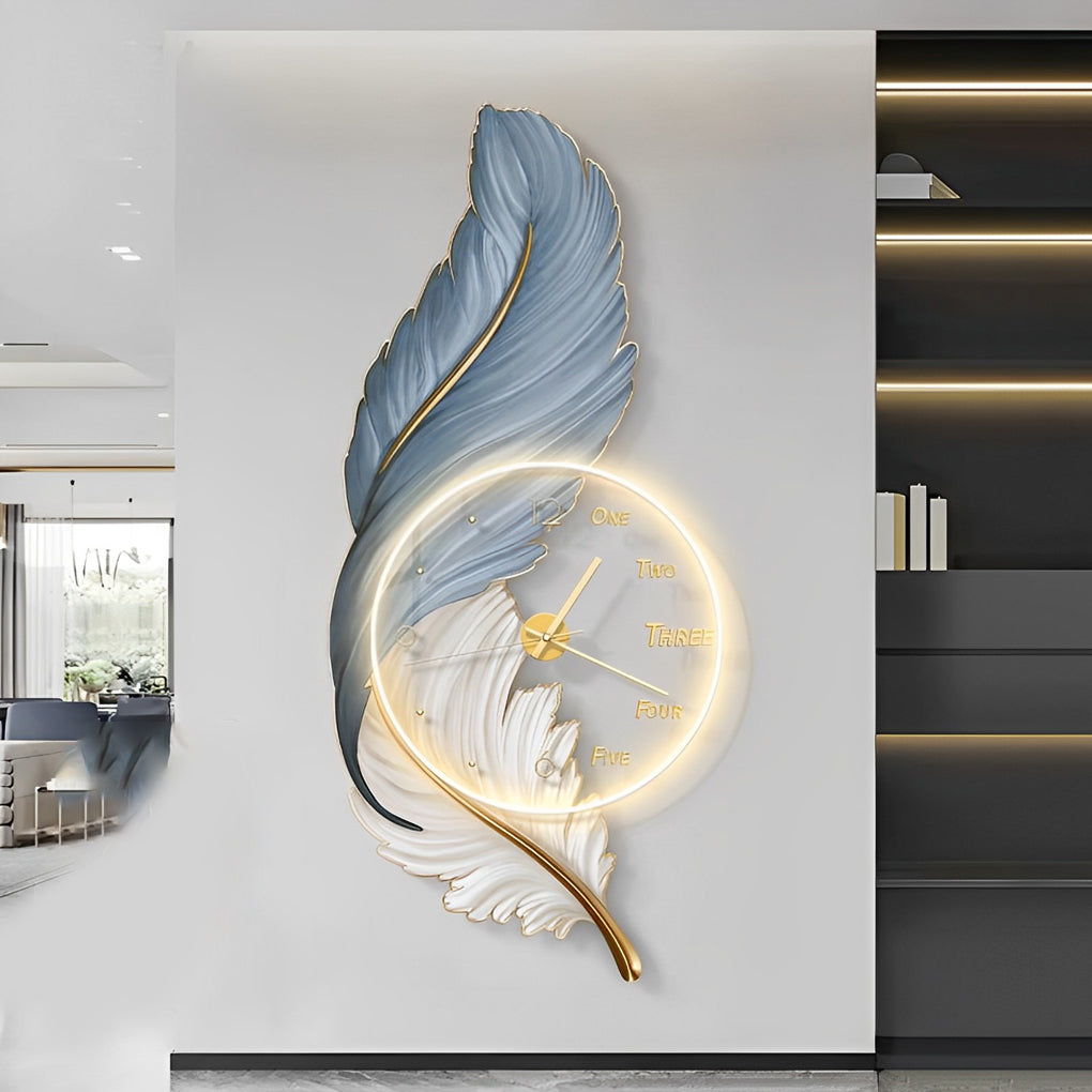 Blue feather LED wall lamp with glowing ring light installed on a minimalist wall.
