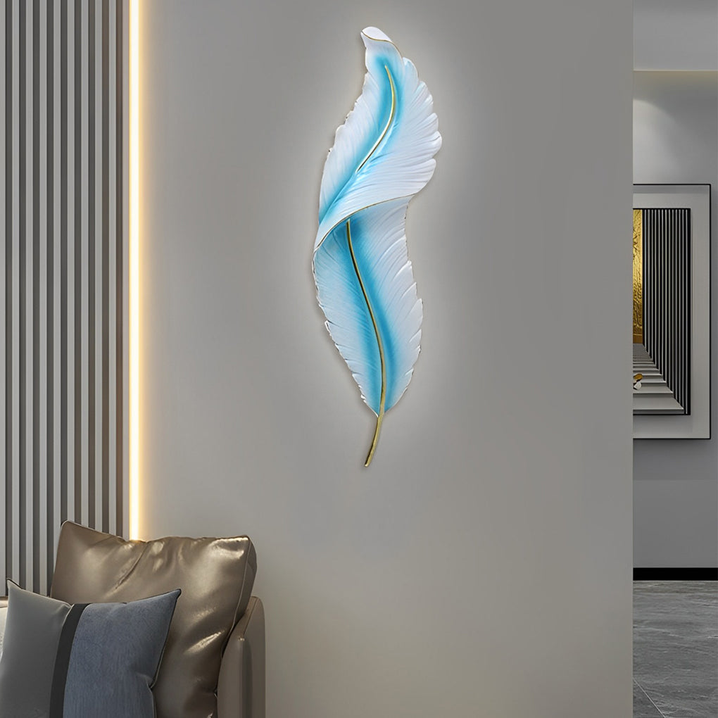 Modern blue feather wall light installed in hallway with vertical wall lighting design.