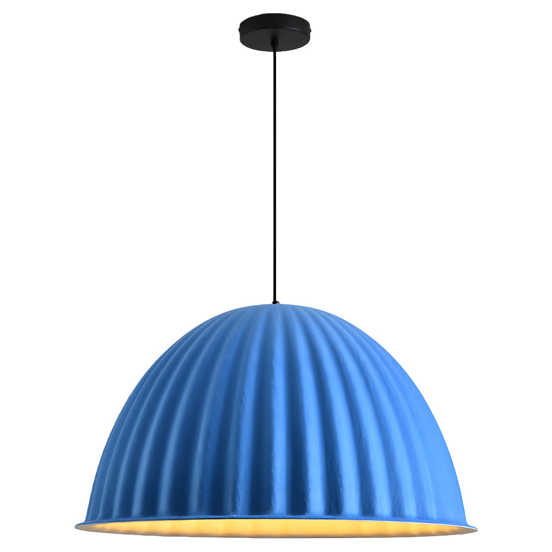 Product image of the blue felt pendant light design, emphasizing the ribbed texture and wide dome shape.