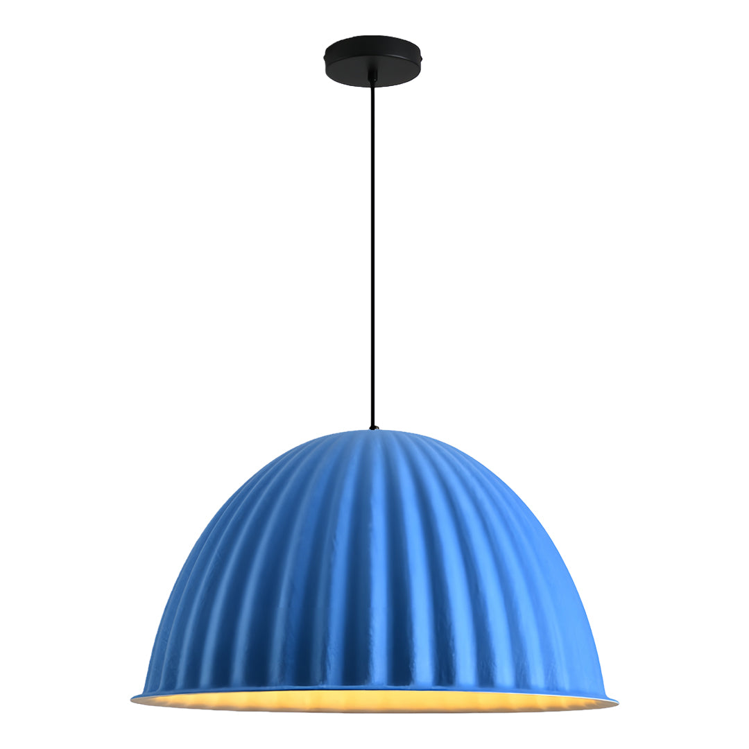 Isolated view of the blue fluted pendant light with a black ceiling mount, part of the wider gray pendant light series.