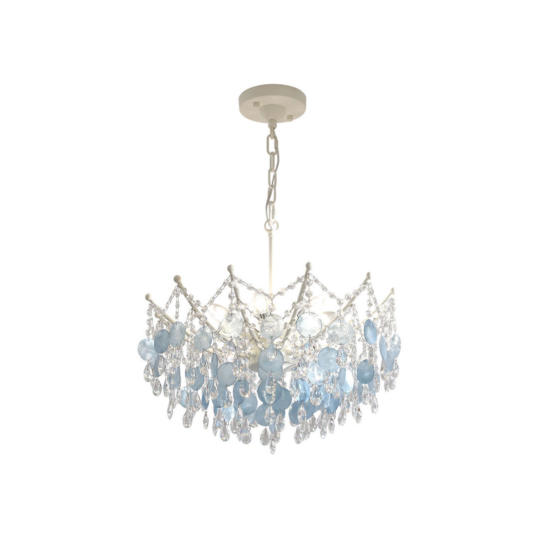 Glam chandelier with layered blue glass discs and crystal accents on a brushed gold frame.