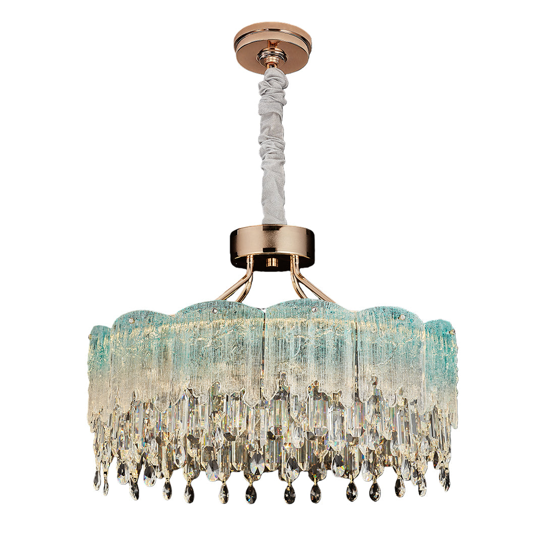 Blue glass fringe chandeliers featuring layered glass fringe and warm brass mount.