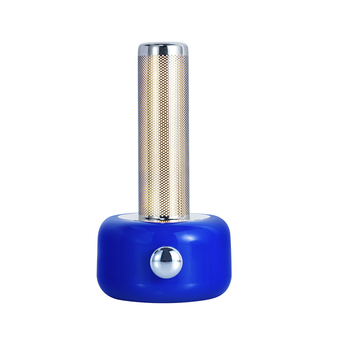 Blue industrial metal USB rechargeable table lamp showcasing contemporary cylindrical design