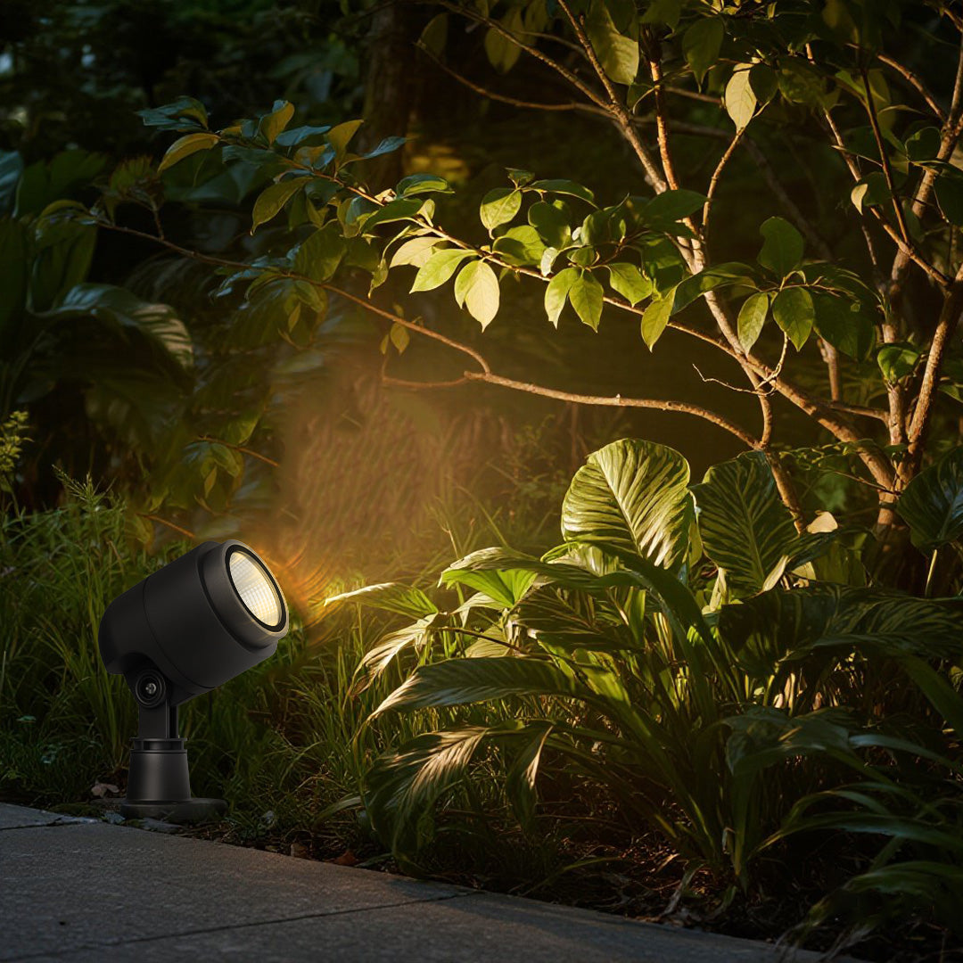 Blue landscape spotlight illuminating ornamental grasses and colorful plants in garden setting