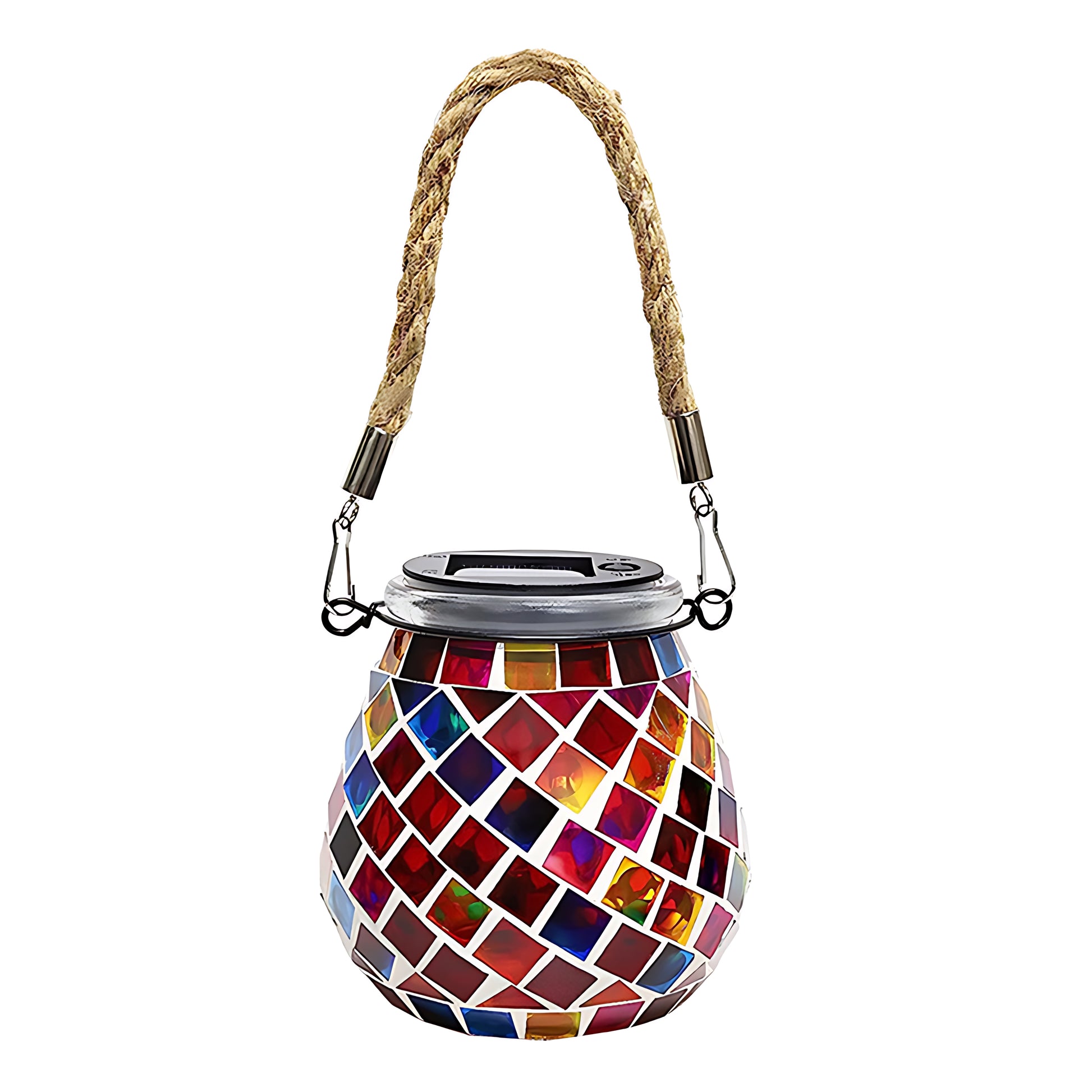 Blue mosaic solar lantern with geometric tile pattern and decorative rope handle