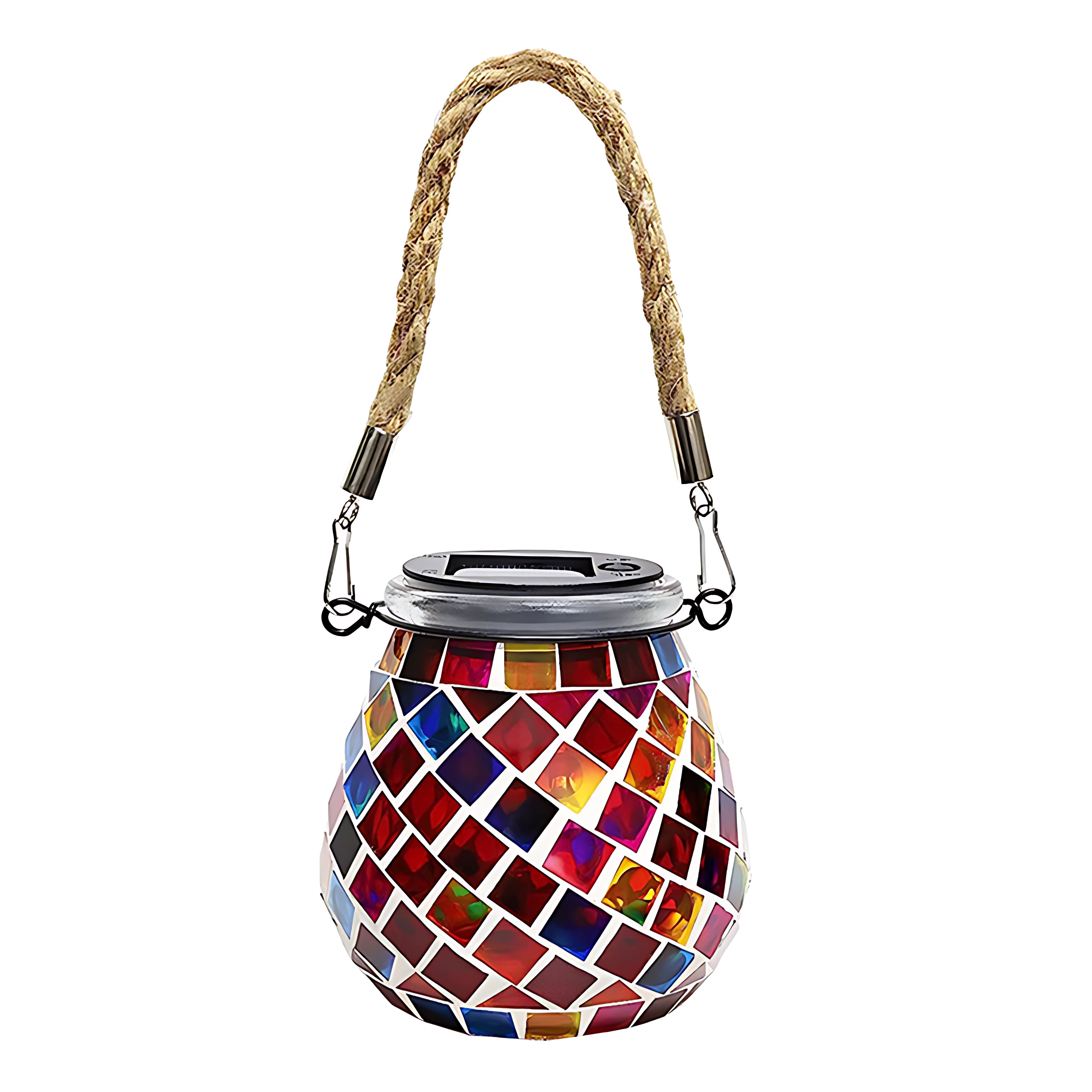 Blue mosaic solar lantern with geometric tile pattern and decorative rope handle