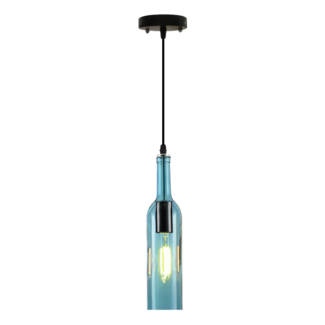 Blue wine bottle pendant light with a translucent bottle glass shade and hanging cord.