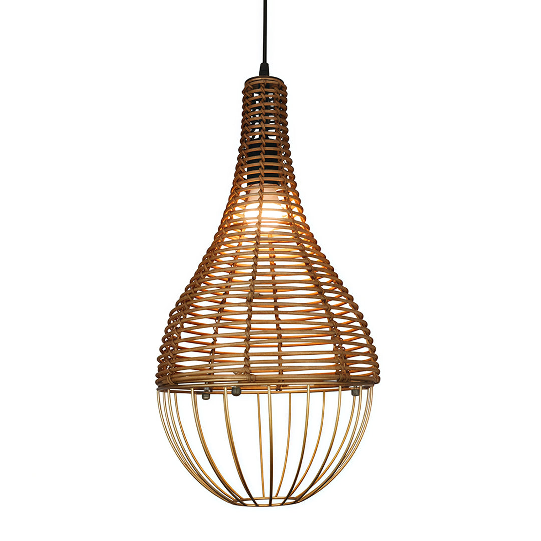 Boho-style pendant rattan light shade combining a woven top with a metal cage base, shown illuminated.