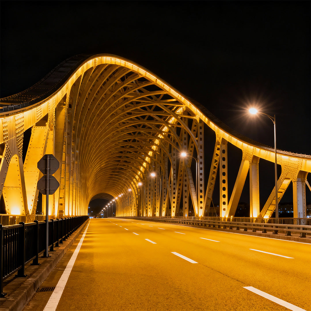 Bold DIY wall wash lighting with glass shade chandelier design illuminating iconic bridge architecture with golden accent lighting.