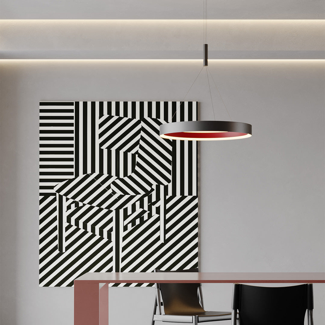 Bold modern ring chandelier featuring glass shade chandelier design complementing striking geometric wall art in modern interior.