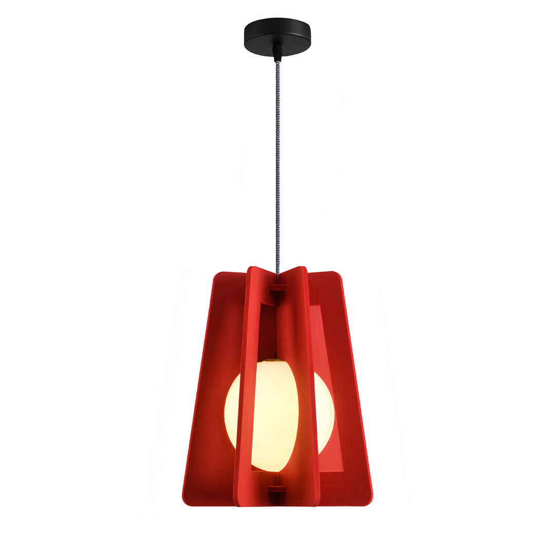 Bold red felt fun pendant lights providing a striking pop of color against the white background. 