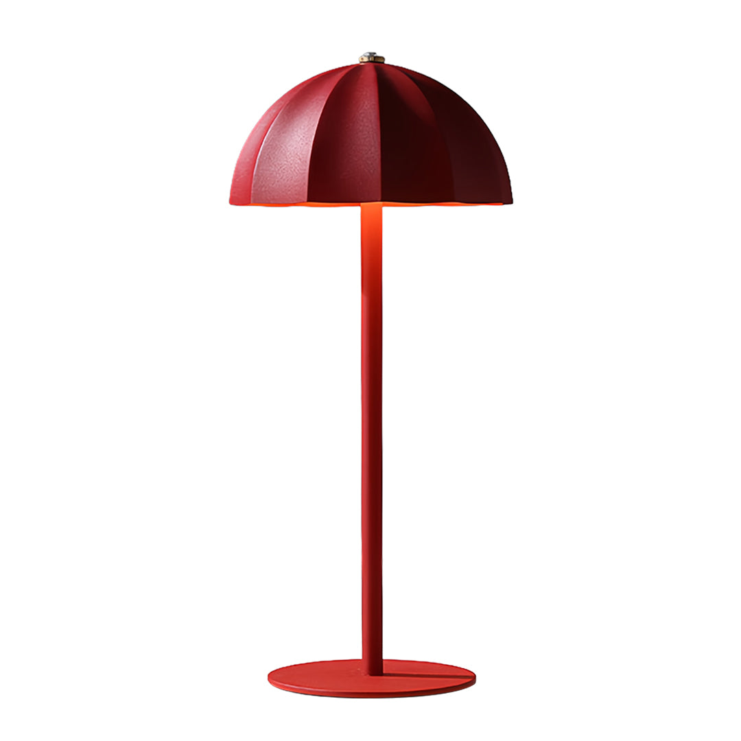 Bold red iron table lamps with curved dome shade and contemporary styling