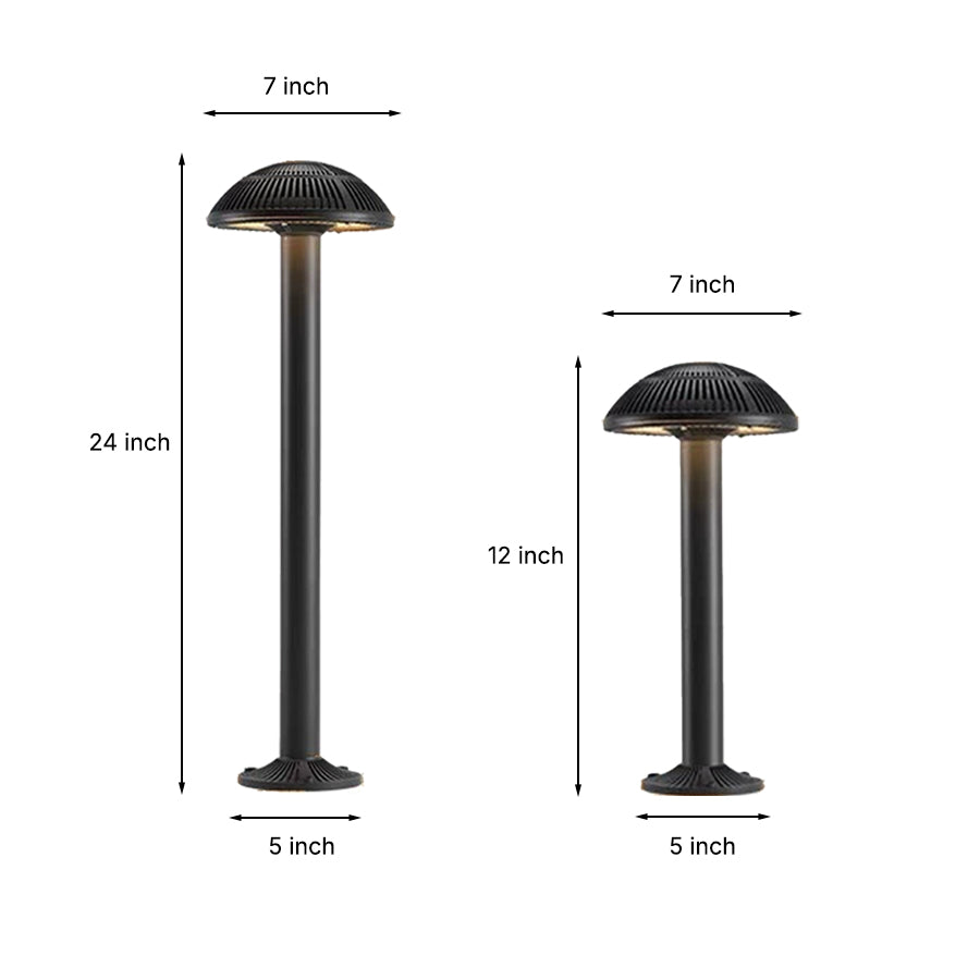 Technical specification diagram showing multiple heights available for bollard light series