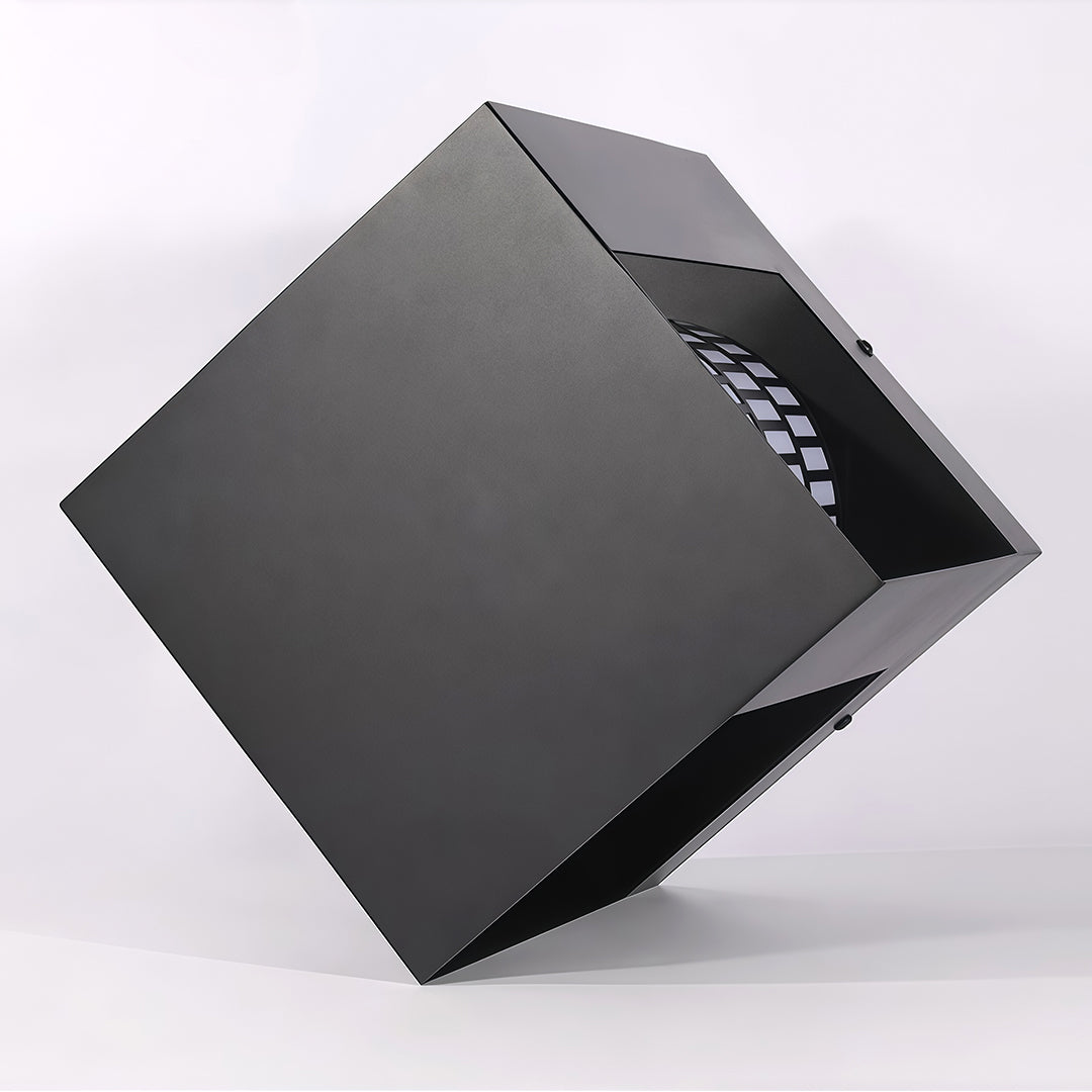 Black metal bollard landscape light with grid design, modern cube-style outdoor lighting fixture.