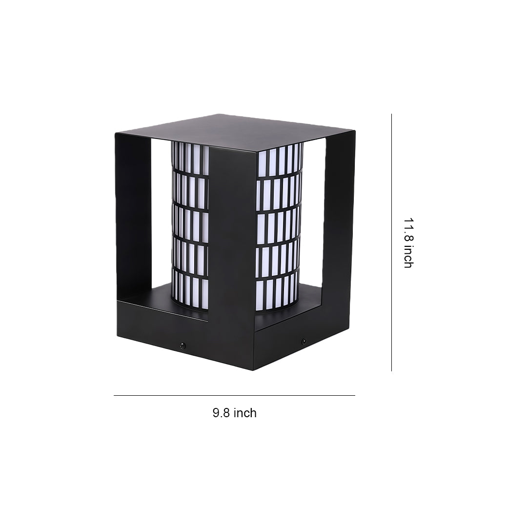 Modern square bollard landscape light with black aluminum body and warm LED glow, shown with size dimensions.