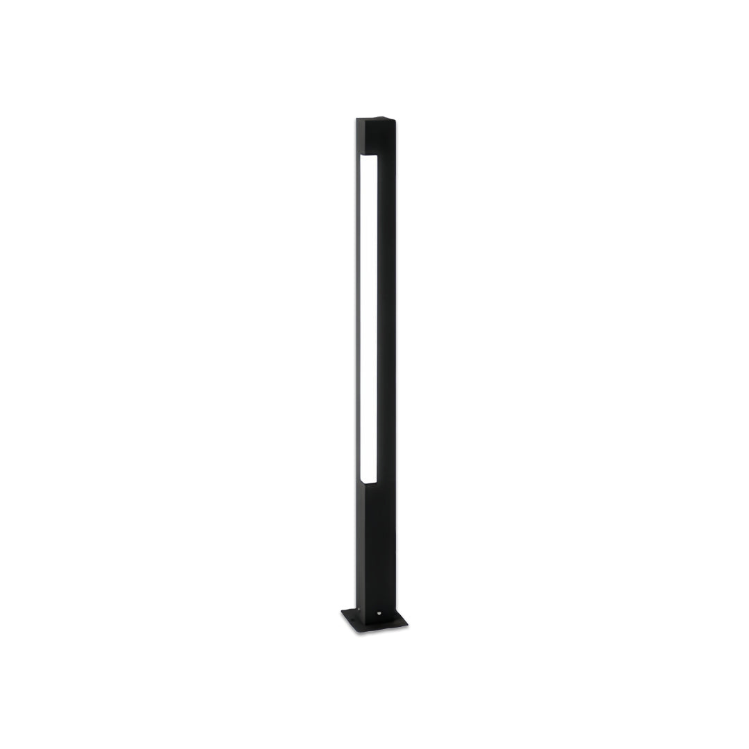 Tall modern bollard landscape lighting fixture in a sleek black finish displayed against a white background.