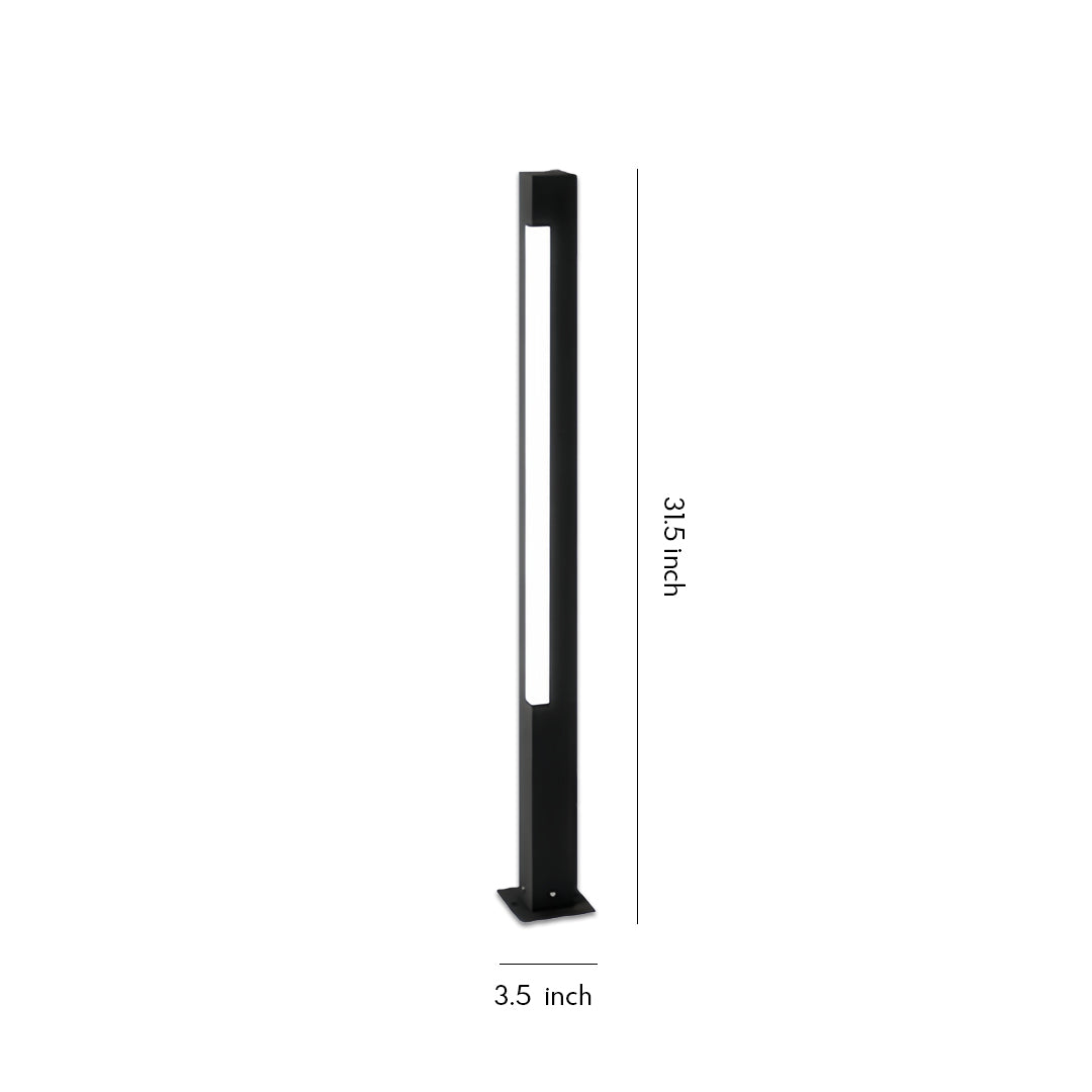 Slim black bollard landscape lighting fixture with a minimalist vertical design shown on a plain background.
