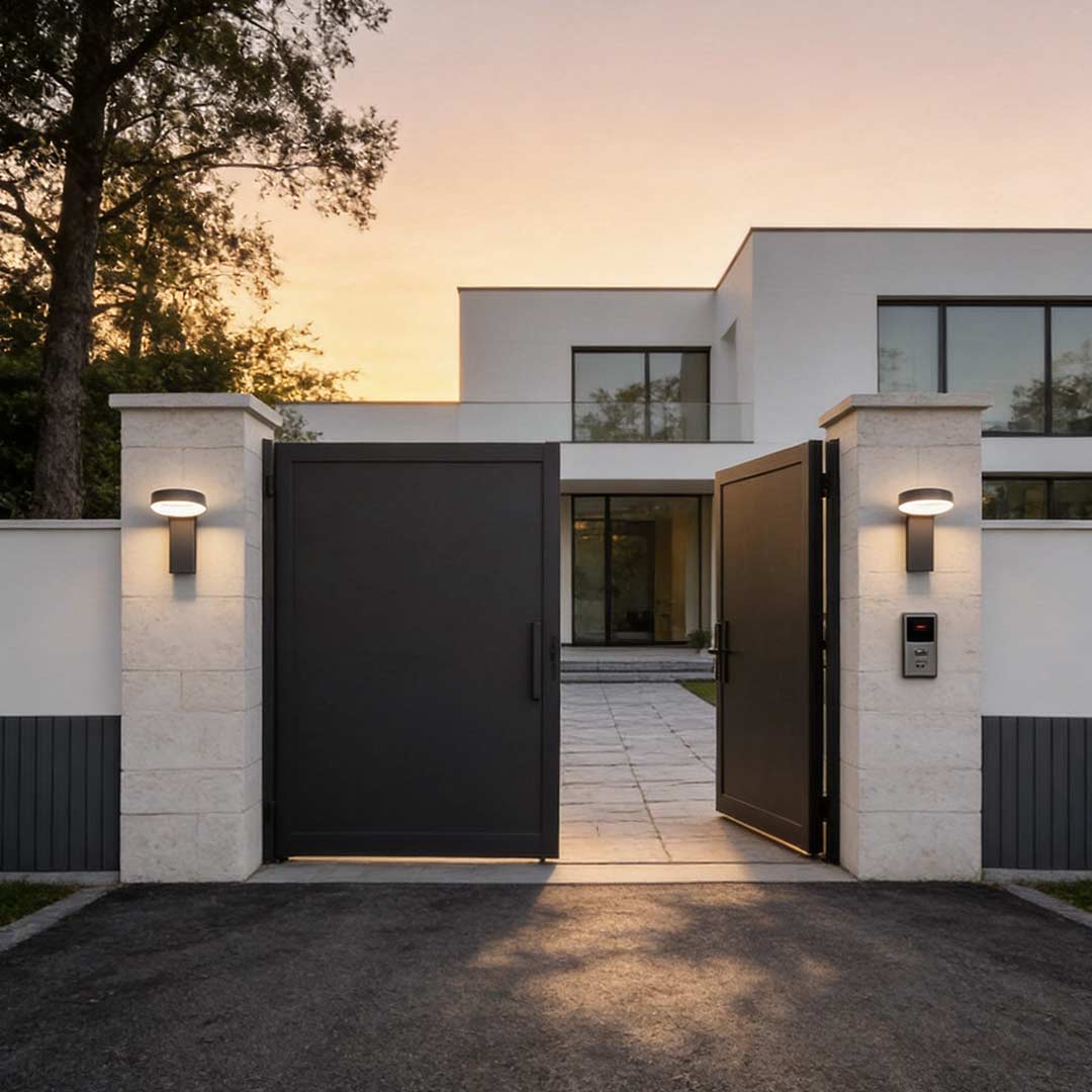 Bollard landscape lights enhancing a contemporary house entrance with elegant ambient light.