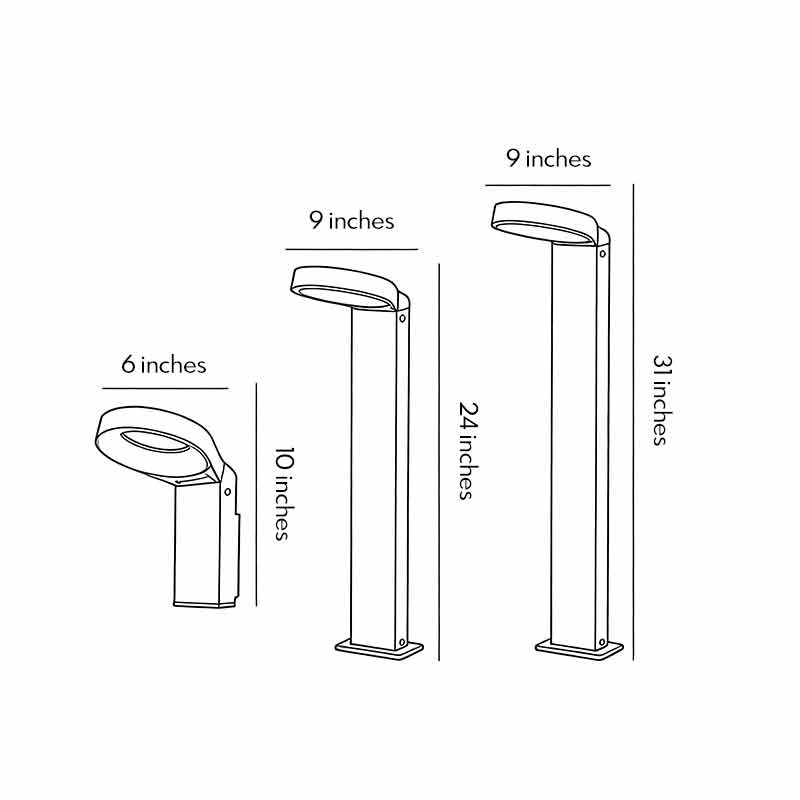 Technical diagram showing dimensions and structure of bollard landscape lights models.