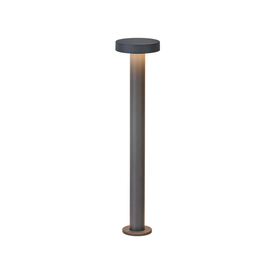 Sleek black bollard LED path light with circular top fixture for elegant outdoor pathway illumination