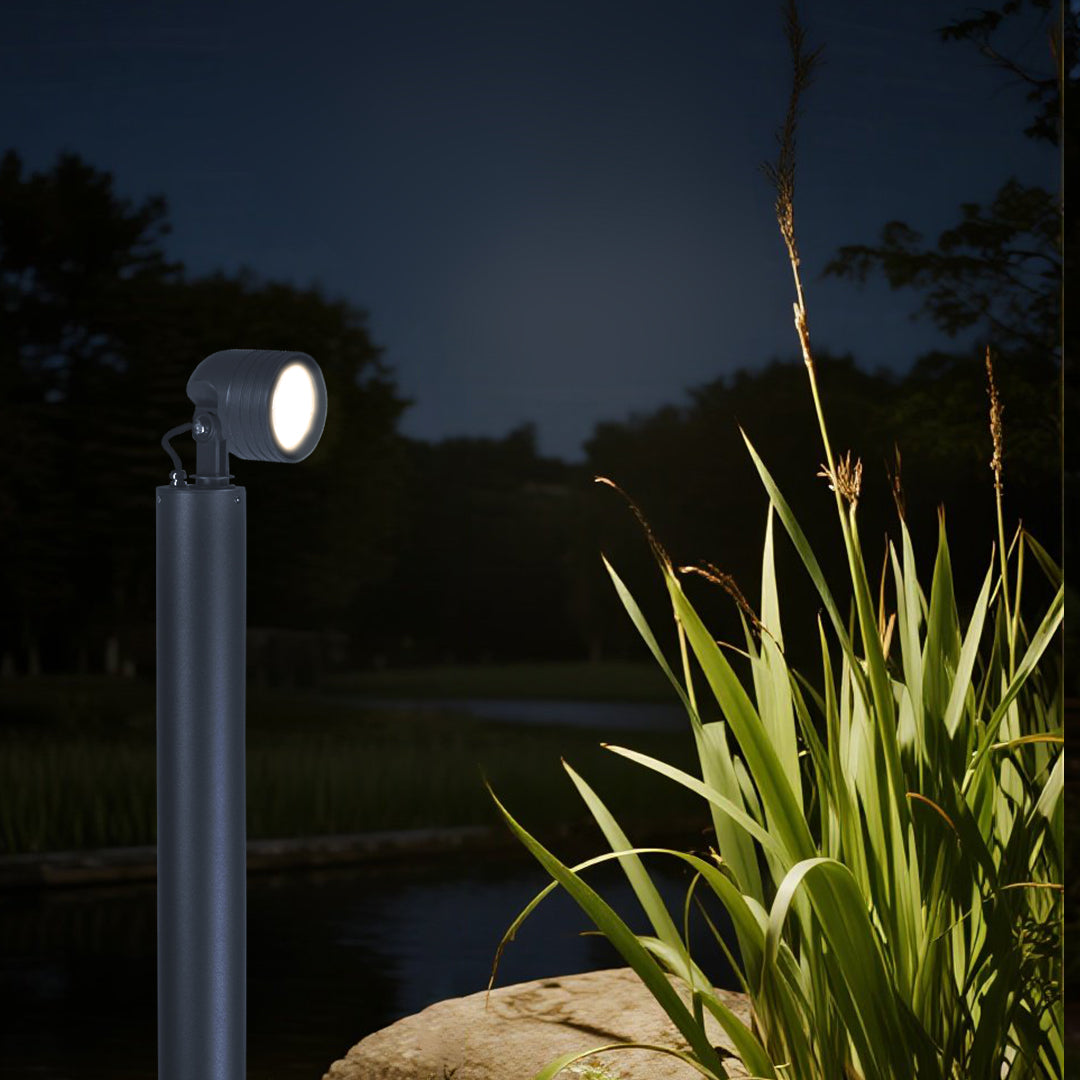 Contemporary bollard light fixture highlighting decorative grass planting in modern landscape design