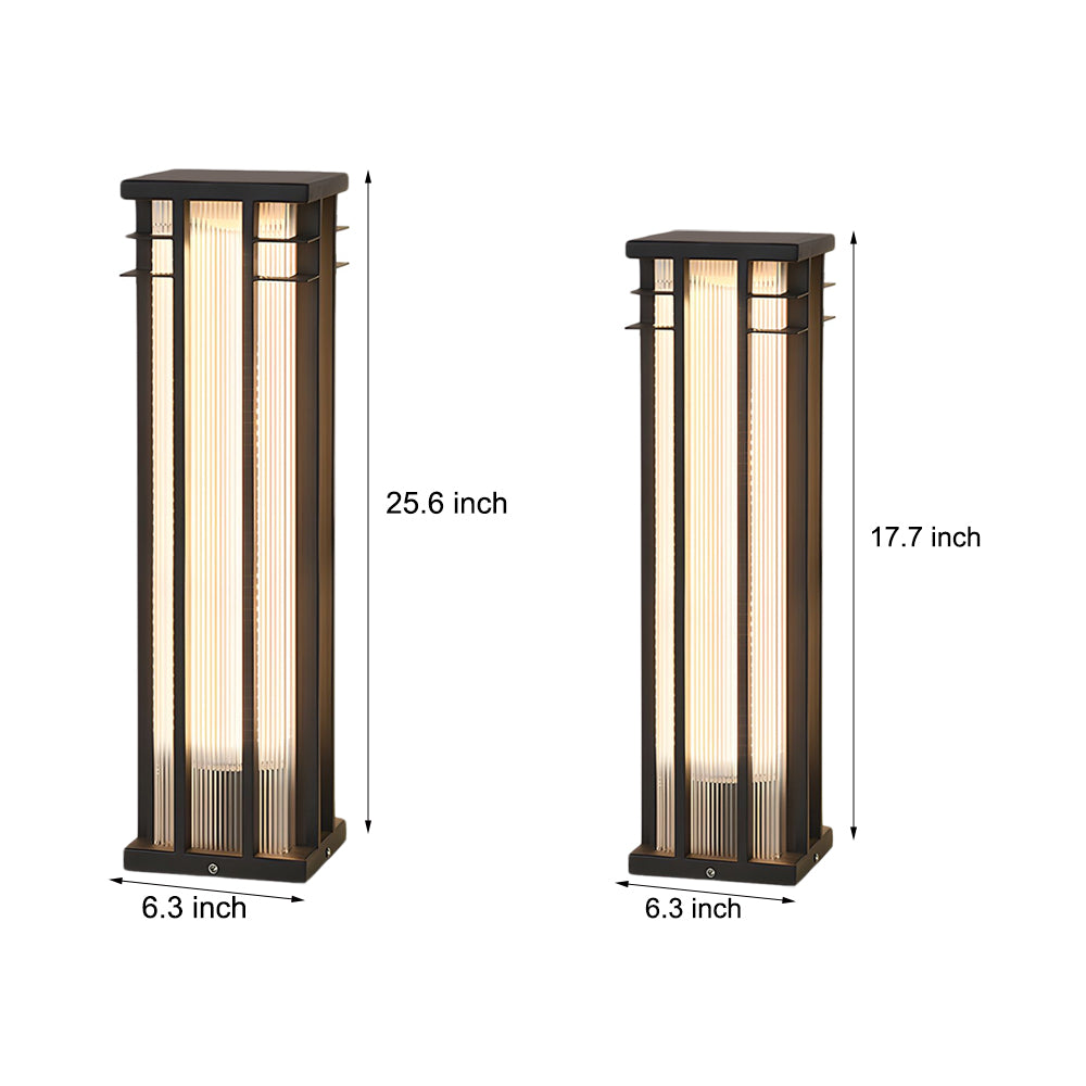Technical specification diagram displaying height and width dimensions for bollard light fixture series