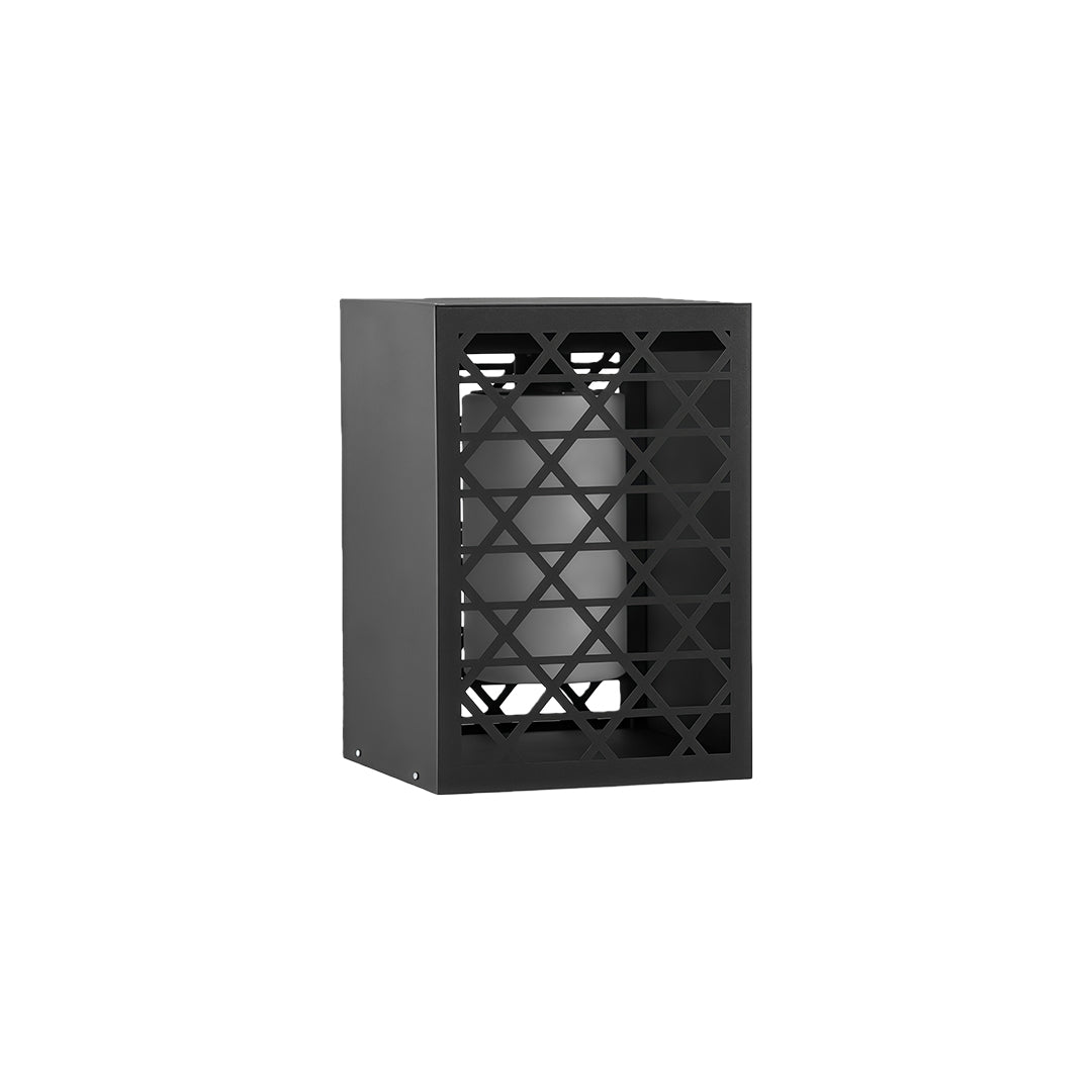 Decorative bollard light fixtures along a garden path, offering ambient lighting with geometric designs.