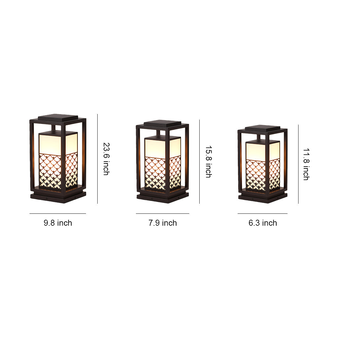 Traditional bollard light fixture with a geometric lattice design, providing soft illumination for garden pathways.