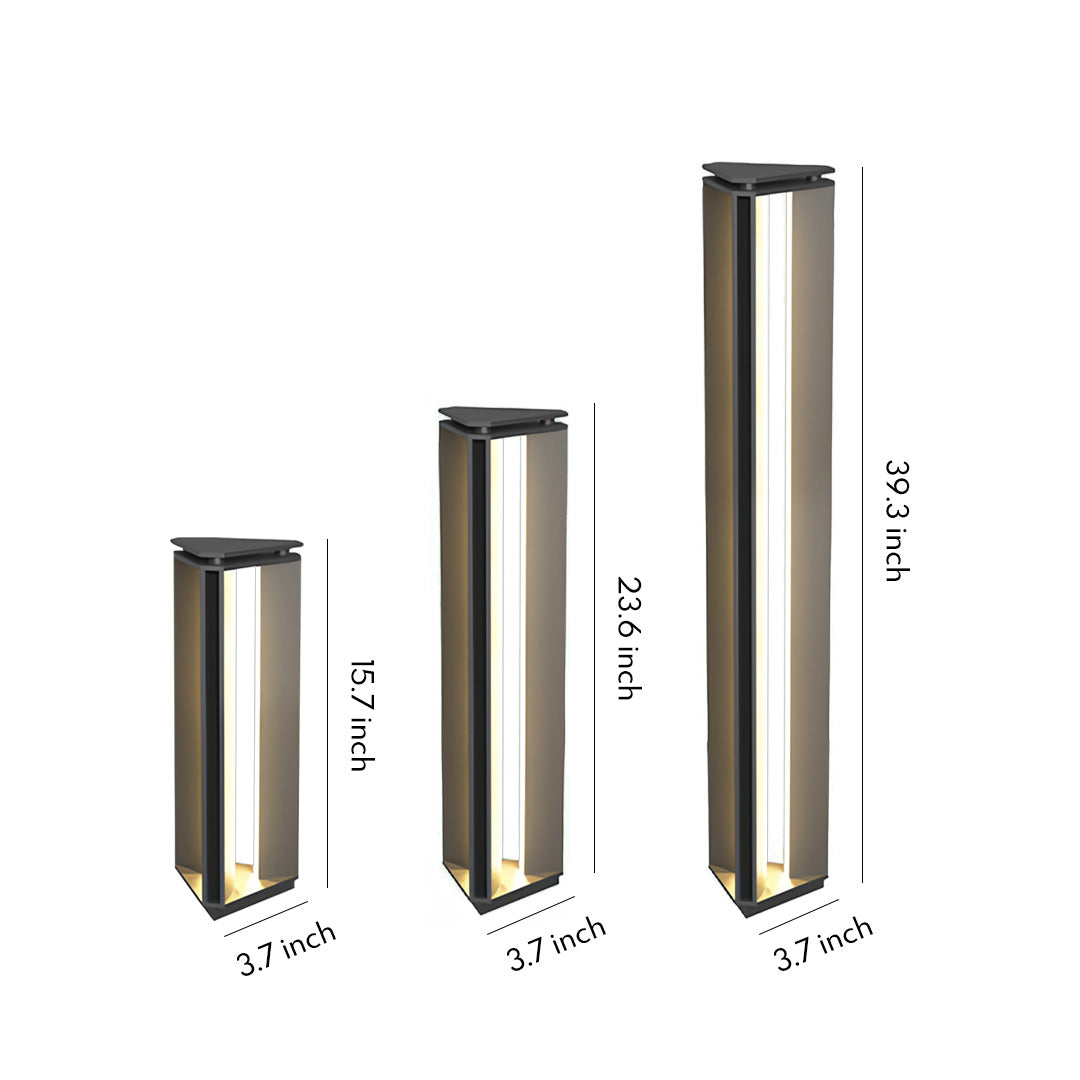 Modern bronze bollard outdoor lights in three different heights displayed on a clean white background.