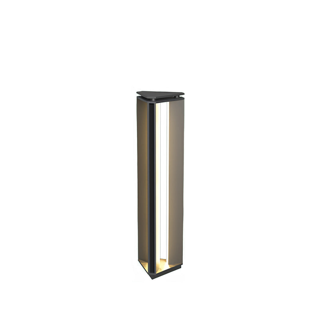 Compact bronze bollard outdoor lights with vertical frosted diffuser presented on a simple white background.