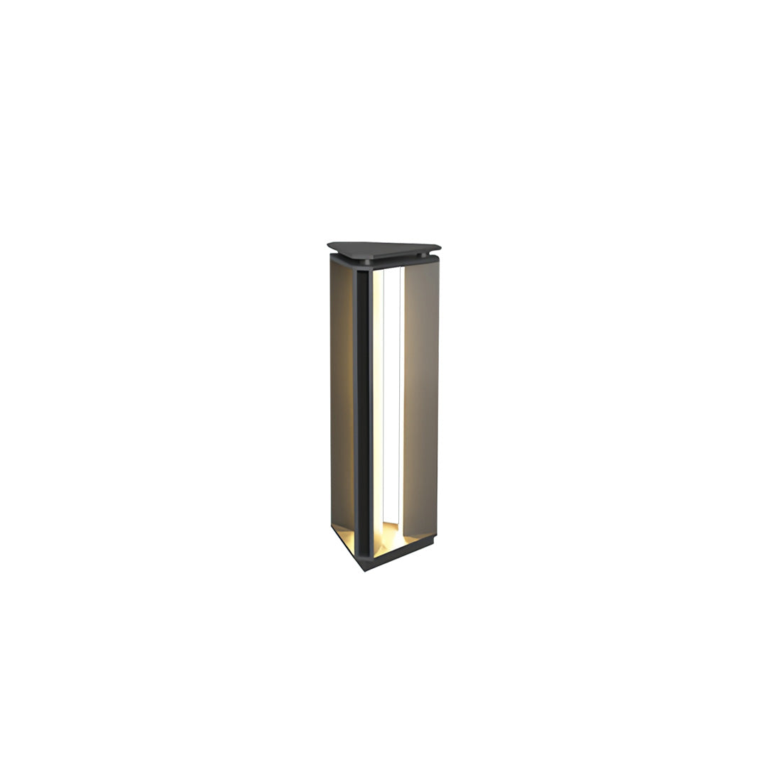 Single slim bronze bollard outdoor lights with rectangular frame showcased on a white product backdrop.