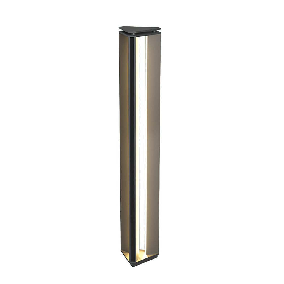 Tall bronze bollard outdoor lights featuring elongated frosted panels displayed on a minimal white surface.