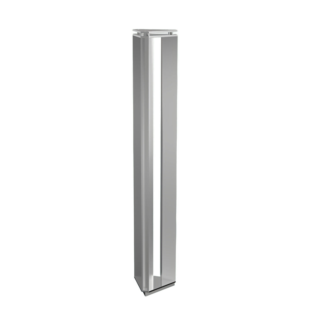 Modern silver bollard outdoor lights with tall rectangular structure displayed on a neutral white backdrop.