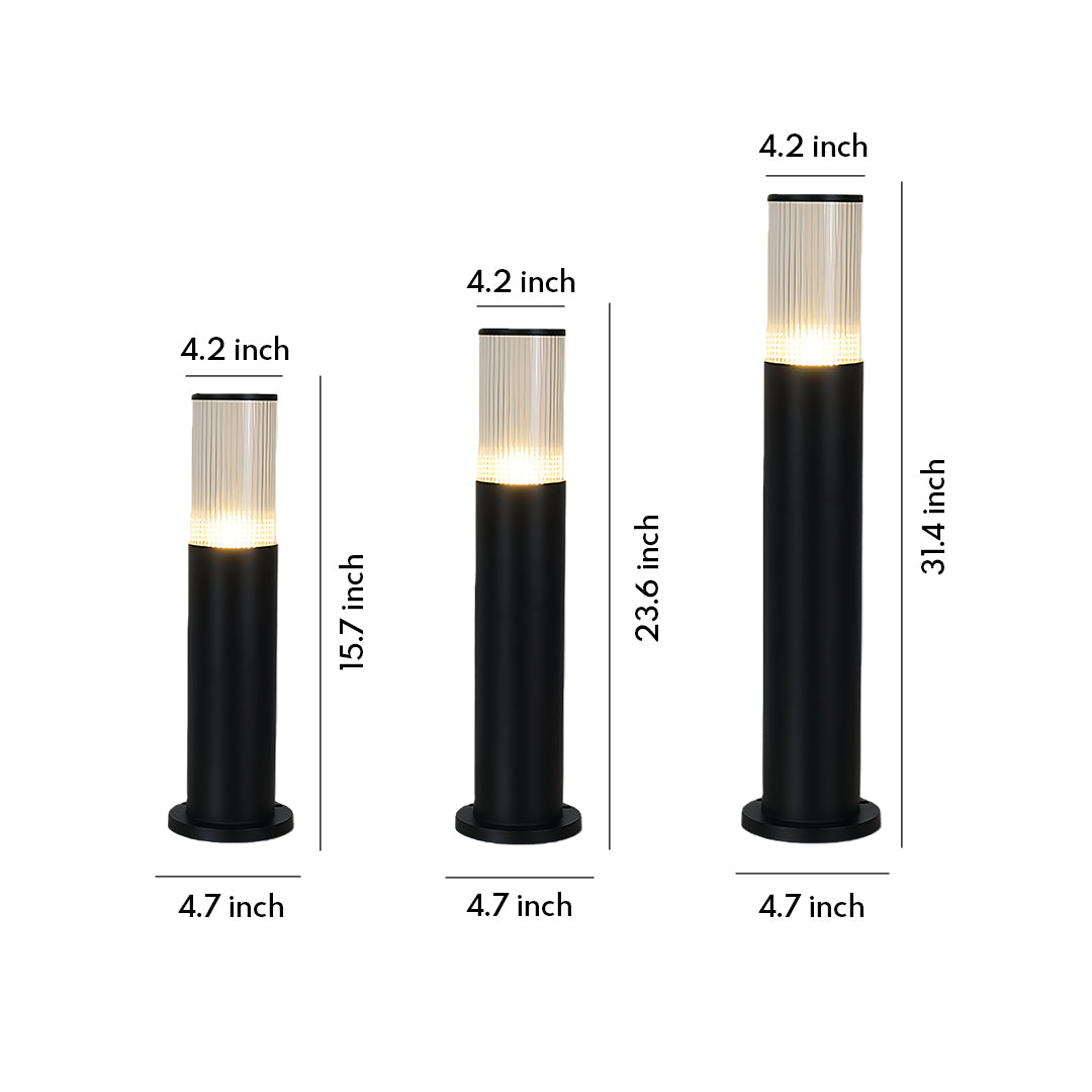Dimension comparison chart for the bollard path light series, showing three height options: 15.7, 23.6, and 31.4 inches.