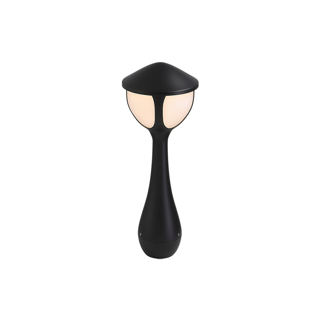 Bollard path lights with black decorative housing and warm LED glow for pathways.