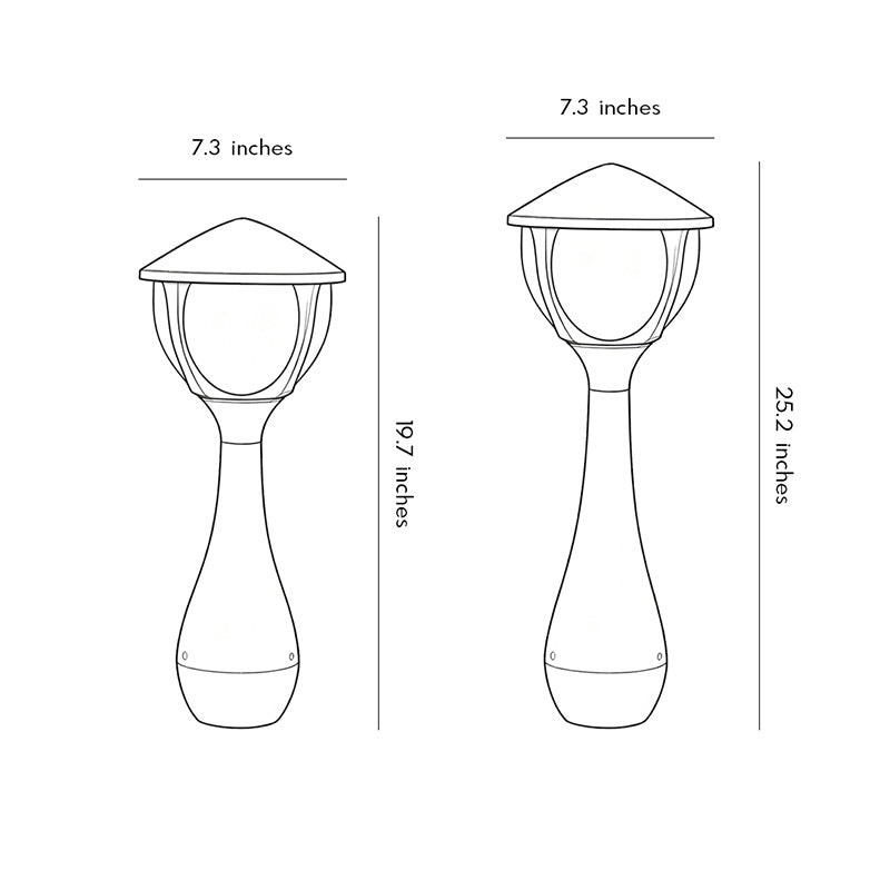 Bollard path lights dimensional drawing showing fixture height and size specifications.